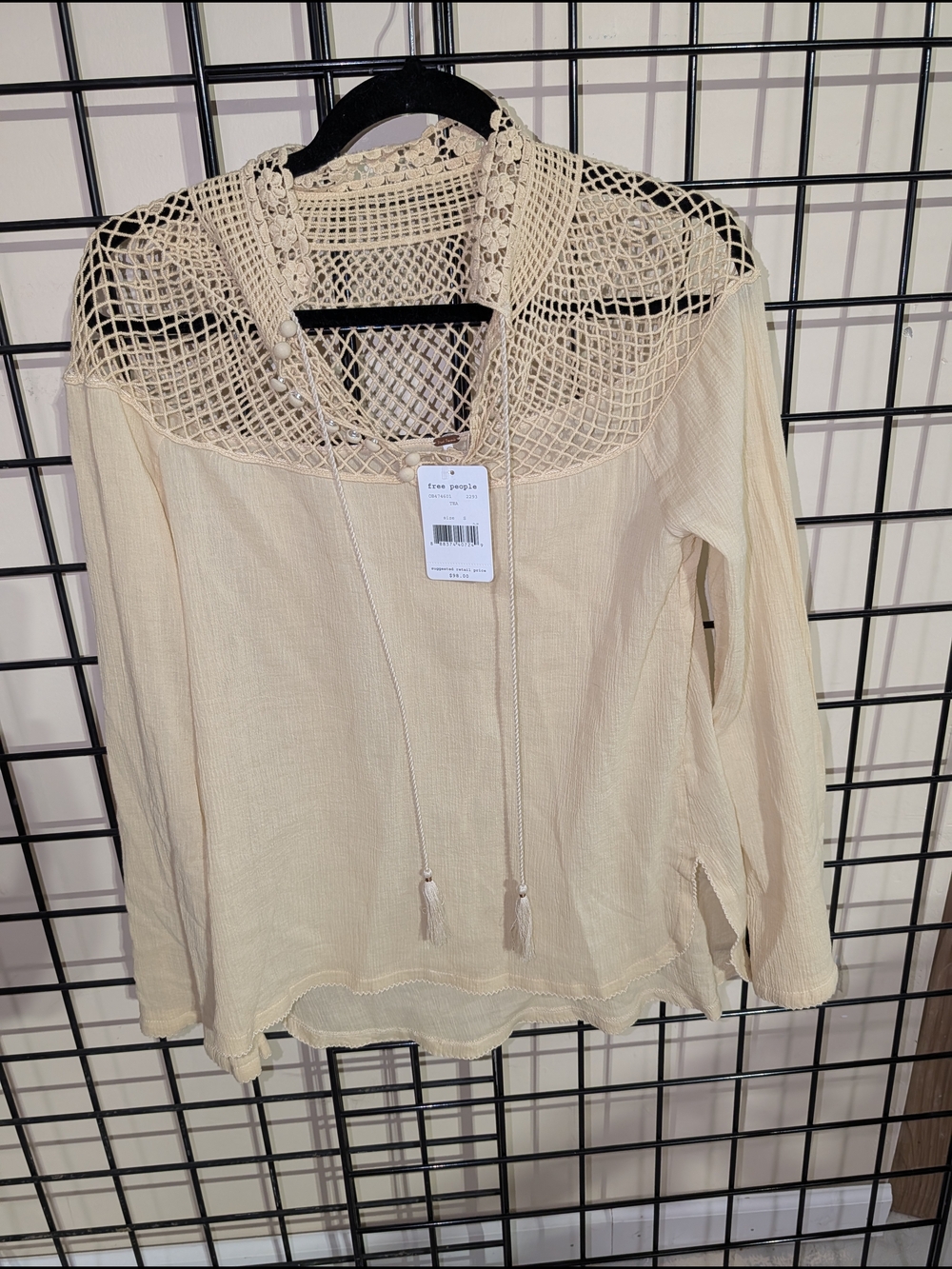 Free People Cream Crochet Yoke Peasant Blouse- NWT